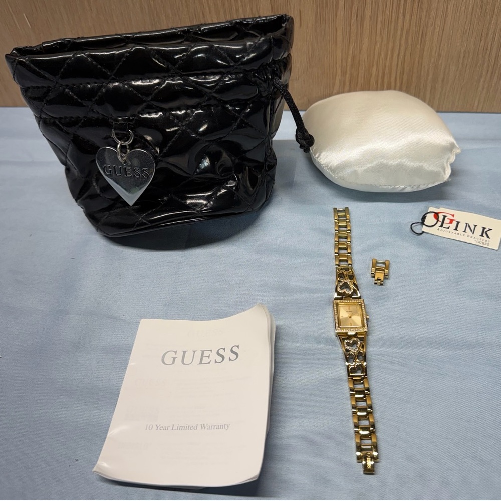 Guess Gold-Tone Watch with Black Quilted Patent Drawstring Pouch